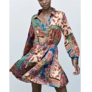 Zara Paisley Print Dress Women’s Size Large Multicolor Long Sleeve 36”